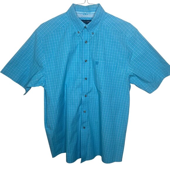 Ariat Pro Series Button Down Mens Size L Blue Plaid Vented Short Sleeve Western - Picture 3 of 9